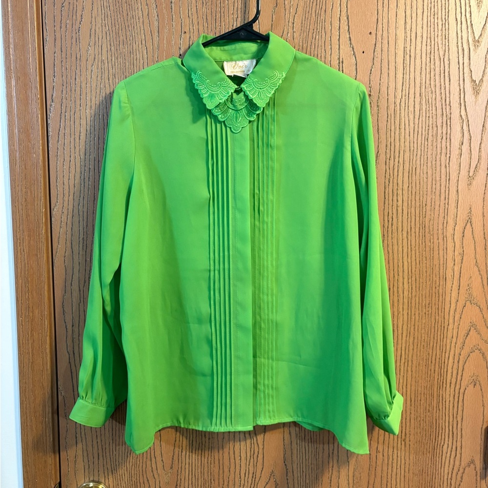 Vintage Voir Sheer Lime Green Embroidered Pleated Blouse with Shoulder Pads